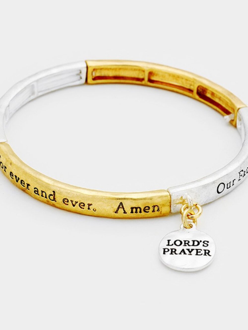 "Lord's Prayer" Engraved Two-Tone Stretch Bangle Bracelet with Disc Charm - Gift